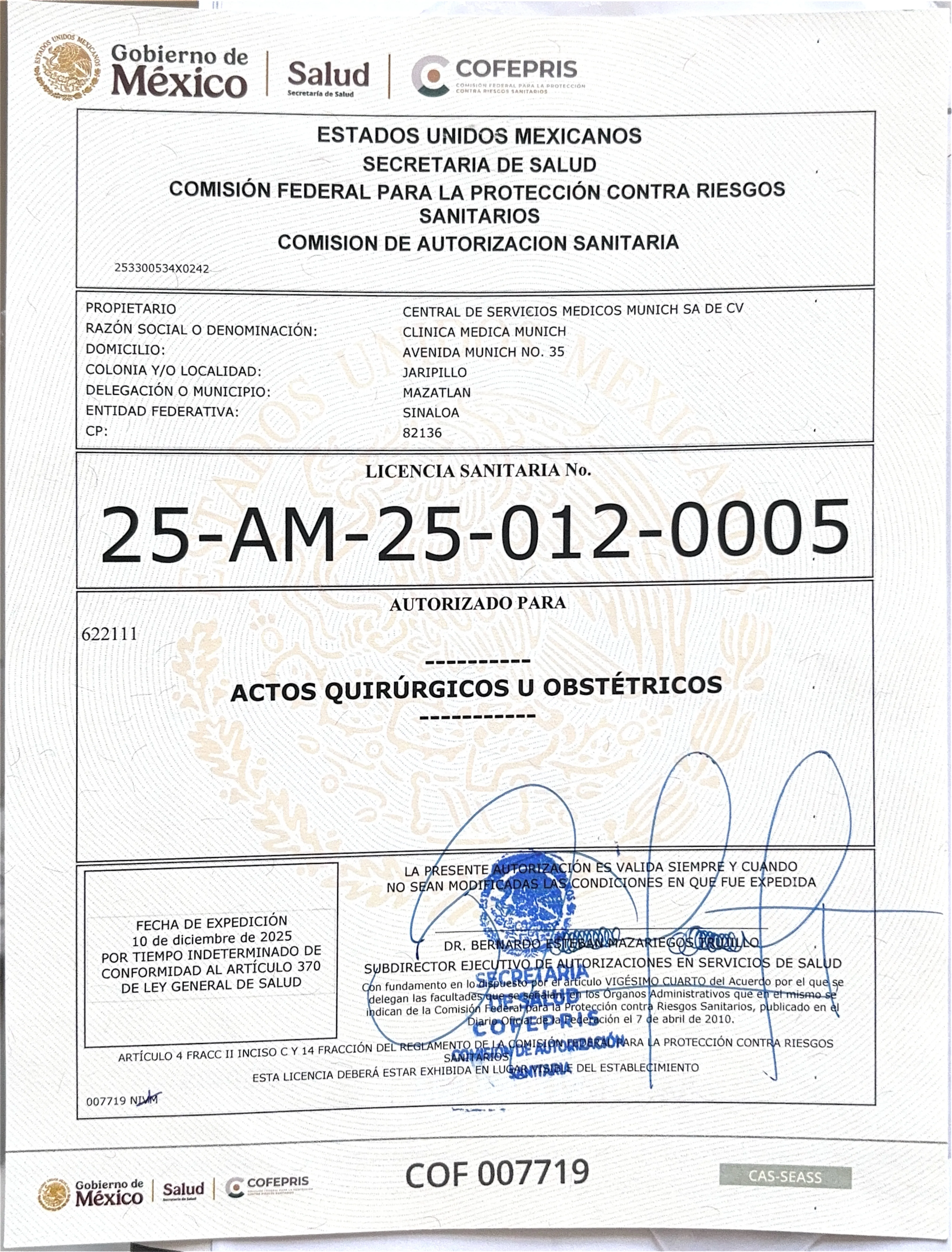 Licencia Sanitaria de Actos Quirúrgicos u Obstétricos
