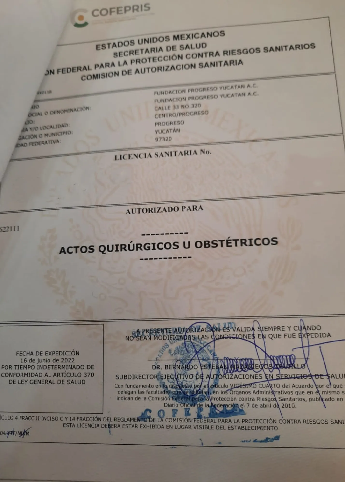 Licencia de Actos Quirúrgicos u Obstétricos